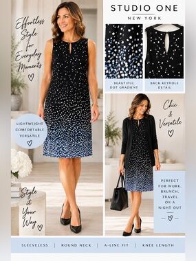 Studio One Black Blue Polka Dot A-Line Knee Length Dress Size 12